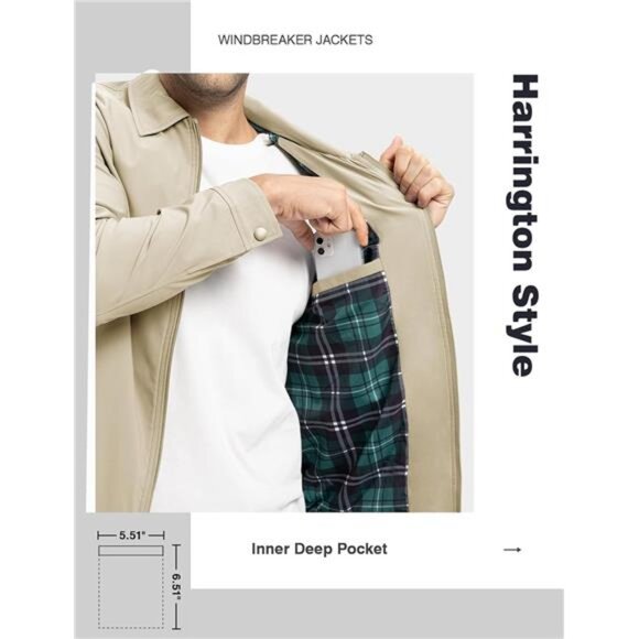 Mens Lightweight Jacket Casual Windbreaker Water Resistant Full Zip Spring Fall - Picture 5 of 7